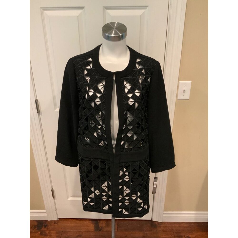 Tahari  Black Window Pane Cutout Open Front Jacket, Size 14, NWT!